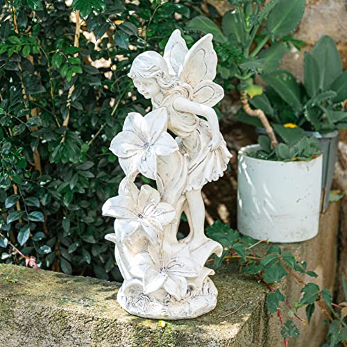 Angel Garden Statue Outdoor, Solar Powered Resin Garden Sculptures Fairy Angel Statues Waterproof LED Lights Yard Art Decorations for Outside Patio Lawn Ornament Gardening Gifts - style: Flower