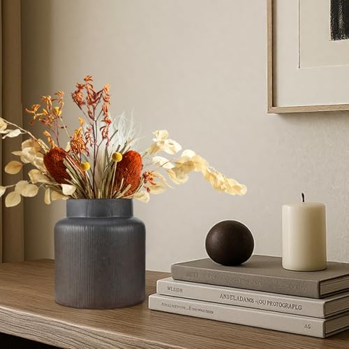 Rustic Vases for Decor, Farmhouse Ceramic Vase for Flowers, Vintage Decorative Vase for Home Decor, Dining Table, Living Room, Shelf, Kitchen, Bedroom (Dark Brown)