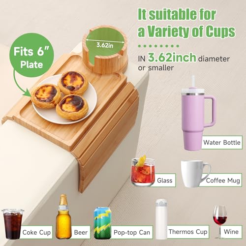 SINWANT Couch Cup Holder Tray,Large Bamboo Couch Armrest Table with Cup Holder,Foldable Anti-Slip Sofa Arm Tray for Coffee Cup,Water Bottles,Mug,Snacks,Remote - color: Bamboo