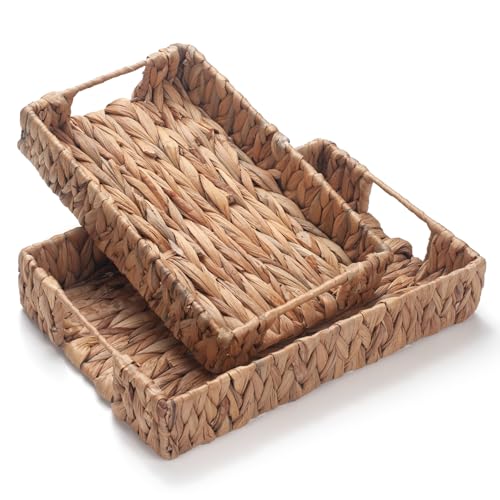 Water Hyacinth Rectangular Serving Tray for Coffee Table Natural Storage Baskets with Handles for Home and Kitchen Decor Set of 2