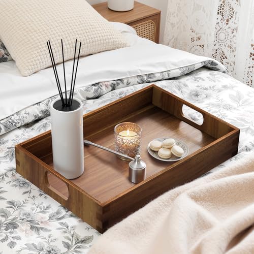 Acacia Serving Trays - 2 Pack, Acacia Wood Serving Platterss, Wood Serving Tray, Decorative Trays for Breakfast, Brunch, Dinner, Coffee Table, Party, Kitchen-M - size: 14"x9"x1.57" and 15"x11"x1.57"