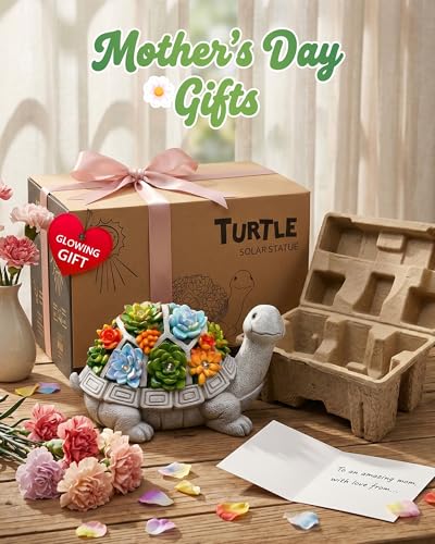 Nacome Solar Garden Outdoor Statues Turtle with Succulent and 7 LED Lights - Lawn Decor Statue for Patio, Balcony, Yard Ornament - Gifts for Mom Grandma Women - color: Grey Turtle