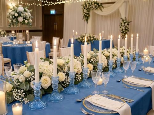 Glass Candle Holder Set of 12, Blue Taper Candle Holders Bulk, Vintage Candlestick Holders, Candle Stick Holder for Table Centerpieces, Wedding, Festival & Home Decor - color: Blue
