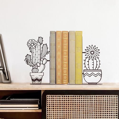 Metal Cactus Planter Book Ends, Dual Wave Pot Design Unique Cute Bookends with Rust Proof Coating, Home Office Decor & Gift for Book Lovers(Brown) - color: Brown