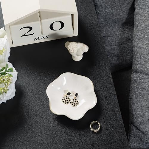 Ceramic Ring Dish, Jewelry Dish Holder, Small Trinket Tray Plate for Earrings Rings Necklaces Keys, for Mom Friend Sister (White Surface) - color: White Surface