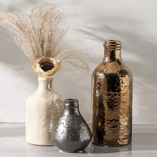 Ceramic Vase Set of 3 | Decorative Vases Home Decor | Flower Pampass Boho Modern Neutral Vase for Living Room, Table, Mantel, Entryway, Bookshelf, Kitchen, Bedroom, Bathroom - Multicolor - color: 009-multicolor Brown