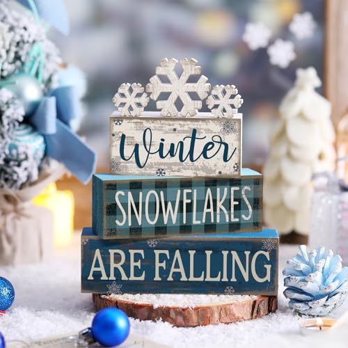 Yuntau 6 Pcs Winter Snowflakes Table Decorations Christmas Snowflake Centerpieces for Tables Winter Tiered Tray Decor Rustic Wood Snow Sign Farmhouse for Wonderland Party Kitchen Shelf Home - style: Snowfake