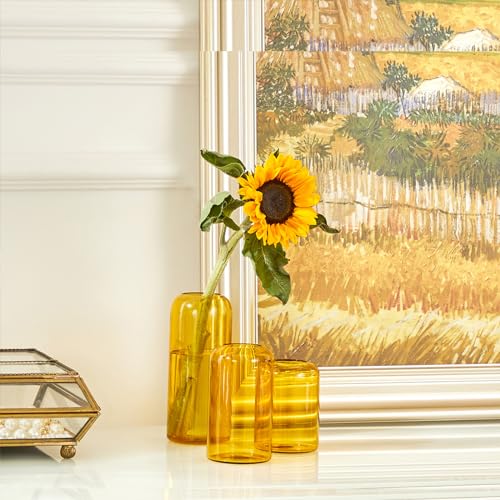 ZENS Glass Bud Vase Set of 3, Hand Blown Small Amber Bud Vases for Flower Decorative, Modern Cylinder Clear Glass Vase for Wedding,Living Room Home Décor - color: Medium Amber, size: 3pcs