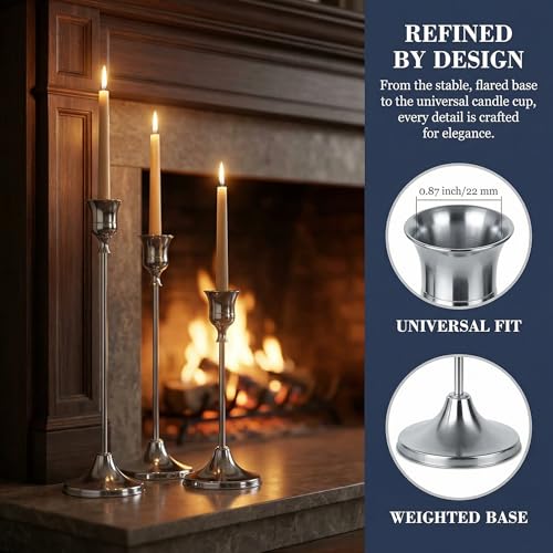 4 Sets(12 Pcs) Silver Tapered Candle Holder,Candlestick Tall Metal Candlestick Holders for Table Centerpiece Home Decor for Wedding Fireplace Mantel Housewarming Gift Fits 3/4 Inch Thick Candles - color: Silver