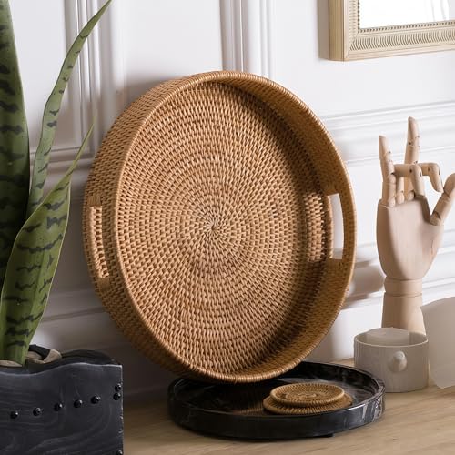 16.9" Round Rattan Tray, Hand Woven Serving Tray with Handles, Wicker Serving Basket, Decorative Tray for Home Decor, Natural - color: Natural, size: 16.9"