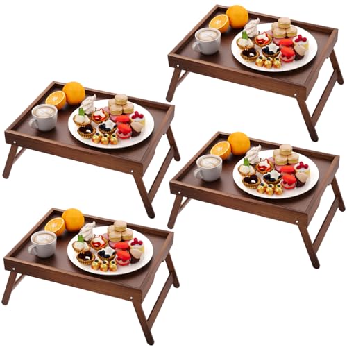 Fibogollo 4 Pack Bamboo Bed Tray Table with Folding Legs,Breakfast Trays,Serving Tray for Food and Snack,Laptop Trays for Working(Brown) - color: Brown, size: 4 PC