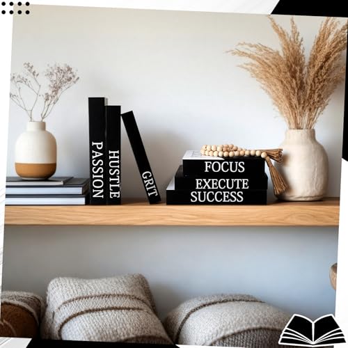 Menkxi 6 Motivational Decorative Books with Wood Bead Tassel Garland - Modern Faux Books for Office Desk, Bookshelf & Coffee Table Decor - Inspirational Aesthetic Black & White Fake Book Box Set - style: Focus