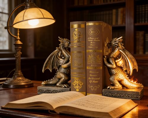 Dragon Statue Decorative Bookends for Shelves, Antique Gold Dragon Statue Home Office Decoration, Fantasy Dragon Figurine Enthusiasts Gifts - color: Antique Gold