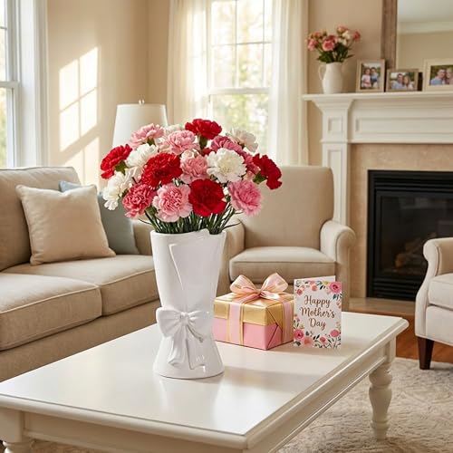 Relexome Fully Glazed White Ceramic Bow Vase 9.64 in Unique Cute Modern Decorative Bouquet Flower Vases for Home Living Room Table Decor Mother‘s Day Gifts - color: Glazed White