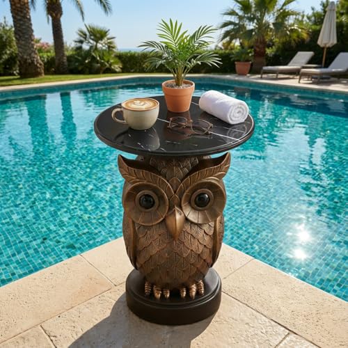 Luxurious Owl Side Table - 20" Premium Faux Marble Top Accent Table with Hand-Detailed Resin Owl Statue Base - High-End Round End Table for Study, Library, Nightstand - Tool-Free - color: Iron Owl