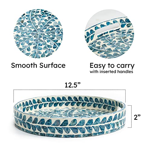 CLAYNIX Serving Tray 12.5 Inch, Lacquer Mother of Pearl Inlay Mosaic Tray, Round Wooden Marble Tray with Handles Trays for Tea, Breakfast (Leaf Style)