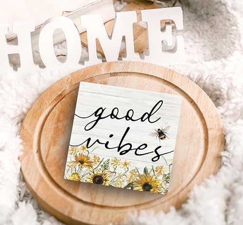 SRADMO Inspirational Bee and Sunflower Decor Wood Box Sign Desk Decor, Summer Rustic Wooden Block Box Sign Decoration For Home Office Shelf Table Decorative Accessories - color: Yellow flower, size: 5″×5″