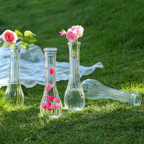 Glass Bud Vases for Centerpiece,12 Pcs Small Clear Ribbed Flower Vases for Weddings, Parties, Home Decor (8.5" Tall, Bulk Set) - Minimalist Table Vase for Roses, Pampas Grass, DIY Arrangements