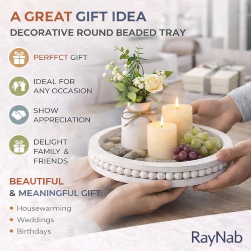 RayNab Farmhouse Round Wooden Beaded Tray – 12" Whitewashed Rustic Decorative Wood Tray for Coffee Table, Kitchen Centerpiece, Ottoman or Serving Snacks