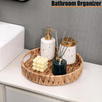 Round Woven Coffee Table Ottoman Tray with Handles - 11.8" x 1.9" Water Hyacinth Wicker Serving Tray, Decorative Storage Basket for Home & Kitchen.