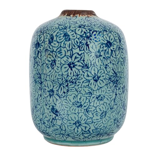 Creative Co-Op Decorative Round Terra-Cotta Vase with Floral Pattern with Distressed Finish, Blue