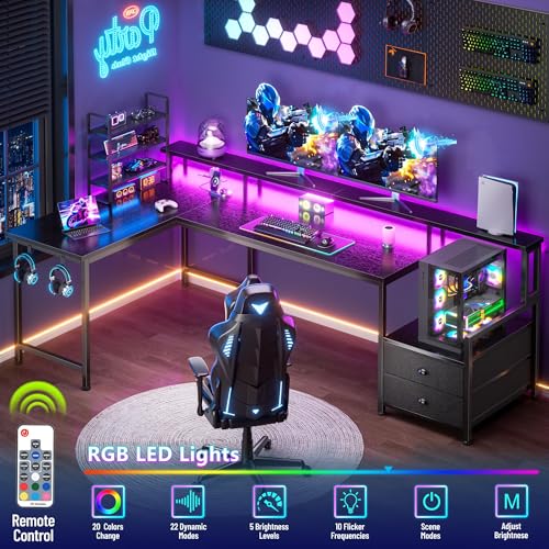 Korfile 66'' L Shaped Gaming Desk with Drawers and Storage Shelves, Reversible Corner Desk with Power Outlets and Host Stand, Large Computer Desk with Led Lights for Gaming, Work, Home Office, Black - color: Black
