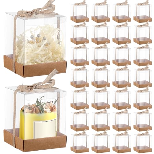 Cunno 36 Set 3.5 x 3.5 x 4.3 in Candle Gift Package Valentine's Transparent Box 4-18 oz Handmade Tealight Candle Holder Paper Bottom Ribbon for Wedding Baby Shower Party Mug(Kraft Color) - color: Kraft Color