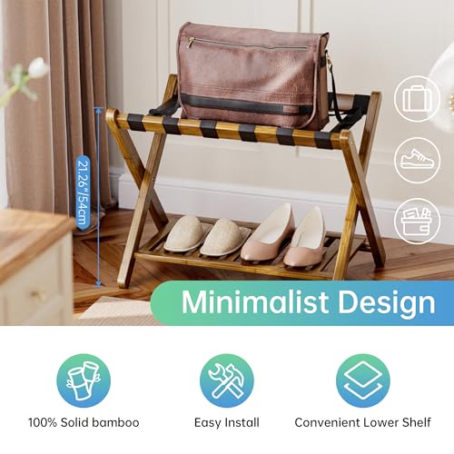 SMIBUY Luggage Rack, Foldable Bamboo Suitcase Stand with Storage Shelf for Guest Room, Bedroom, Hotel, Heavy-Duty, 1 Pack (Walnut) - color: Walnut