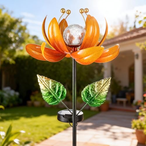 AIINY Outdoor Solar Lights Garden Decor,Wind Spinner Yard Decorations for Outside, Lotus Garden Windmill with LED Cracked Crystal Waterproof Flower Sculpture for Patio Lawn Gardening Gifts - color: Passionate Orange