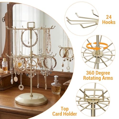 MyGift 2 Tier Brass Metal Jewelry Stand Rotating Necklace and Bracelet Organizer with 24 Hooks for storage, Multipurpose Accessory and Decorative Keychain Spinning Display Rack for women - color: Brass (2 Tier)
