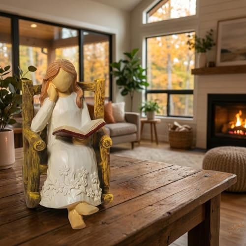 Book Figurine for Shelves Gifts for Women Readers Resin Reading Woman Statue Library Decor Book Lovers Gifts Small Figurine for Home Office Desk, Living Room Birthday Present for Reader Friend