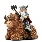 Viking Warrior Gnome Riding Highland Cow Statue, Hand-Painted Resin Sculpture Figurine for Yard Garden Patio Lawn Ornaments, Unique Home Decor Housewarming Gift