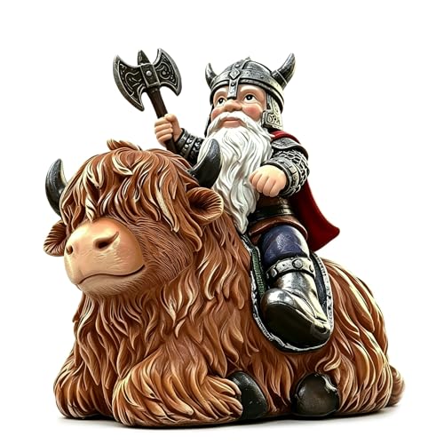 Viking Warrior Gnome Riding Highland Cow Statue, Hand-Painted Resin Sculpture Figurine for Yard Garden Patio Lawn Ornaments, Unique Home Decor Housewarming Gift