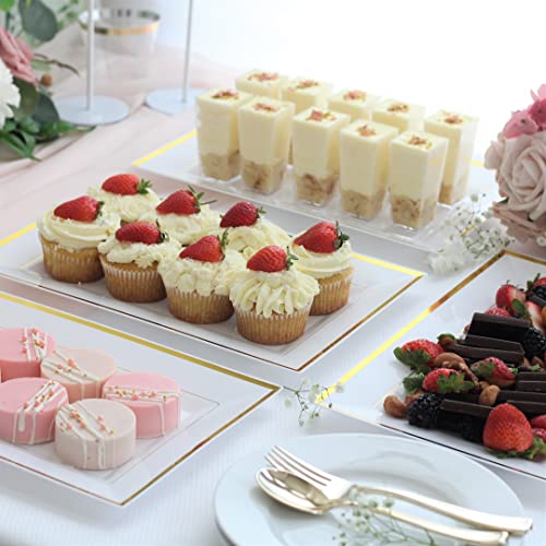 Elegant Plastic Serving Tray & Platter Set (6pk) - White & Gold Rim Disposable Serving Trays & Platters for Food - Weddings, Upscale Parties, Dessert Table, Cupcakes - 8 x 12.85 inches - color: White + Gold (6 Pk)