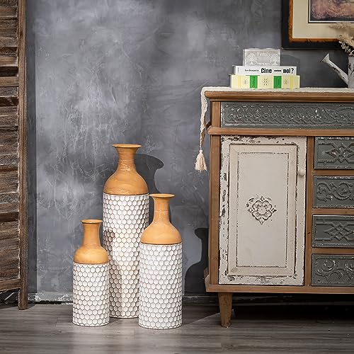 Sziqiqi Rustic White Floor Vases Set of 3-27/20/16in Metal Extra Large Vase for Dried Flowers Shabby Chic Oversized High Vases Standing Antique Terracotta Farmhouse Vase for Pampas Grass Twigs Wicker - style: Large White Vases