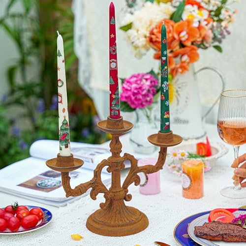 Sungmor Vintage 3-Arm Cast Iron Candelabra, 9.2" Tall Heavy-Duty Rustic Candle Holder for Home Decor, Decorative Candle Stand Centerpiece for Dinners/Weddings/Halloween/Christmas etc Festivals - color: Round Base - 9.2inch Tall
