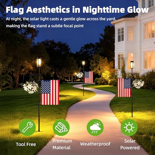 Garden Flag Stand with Solar Light for Outside 12 x 18 Inch Flags, Heavy Duty Aluminum Alloy Yard Flag Holder with Clip, Weatherproof Outdoor Flag Pole