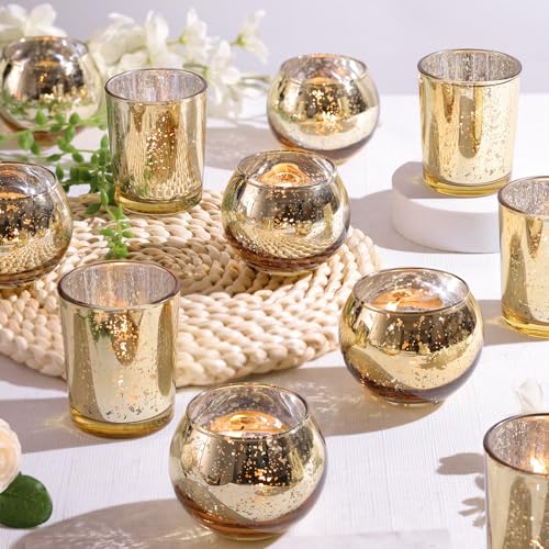 DEVI 12pcs Assorsted Gold Votive Candle Holders, Gold Wedding Table Decorations for Home Party, Mercury Glass Candle Holder for Tea Lights, Wedding Bridal Shower Party Table Decorations - color: Gold