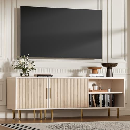 Housoul Combined Modern TV Stand for 55/60/65 inch TV, Small Entertainment Center with Adjustable Shelf, TV Media Stand with Storage Cabinet, TV Console with Gold Legs for Living Room, Bedroom, Oak - color: Oak, size: 55" L
