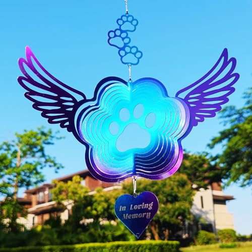 Pet Memorial Wind Spinners, Cat Memorial Gifts,Stainless Steel Angel Wings Pet Paw Print,Dogs and Cats Remembrance, Pet Sympathy,Pet Loss Bereavement Gifts - color: Purple-blue Paw Print