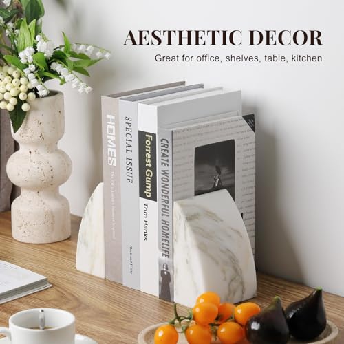 Koville Marble Bookends for Shelves, Large Bookends for Heavy Books, Natural Stone Book Stopper for Books CD Movies, Aesthetic Decorative Book Ends (Oriental Calacatta) - color: Sail-oriental Calacatta