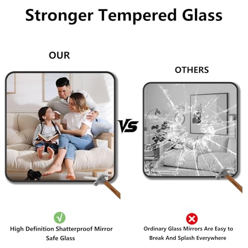 Koonmi Bathroom Mirror, 36X36 Brushed Black Metal Framed Wall-Mounted Mirror for Over Sink, HD Tempered Glass, Anti-Rust, Rounded Rectangle Mirror for Restroom, Bedroom, Hangs Horizontal or Vertical - color: Rounded Edged, size: 36"L x 36"W