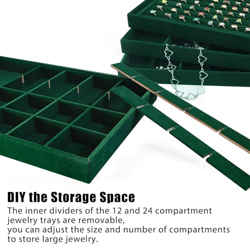 Rocutus Jewelry Trays,3 Pack Stackable Velvet Jewelry Organizer Tray Drawer Jewelry Storage Tray,Divided Ring Organizer Tray for Earrings, Necklaces, Bracelets,13.8"x9.5"x1.2" (Dark Green) - color: Dark Green