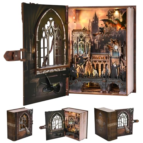 CCCDF Book Nook Kit, DIY Miniature Dollhouse Magic Book for Adults and Teens, 3D Wooden Puzzle Bookends with Sensor Led Light, Gifts for Family, Friends (Introduction to Magical Flight) - style: Introduction to Magical Flight