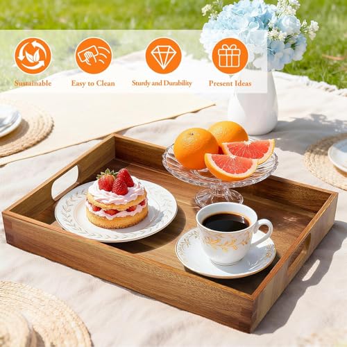 Serving Trays - 2 Pack, Acacia Wood Serving Platters with Ergonomic Handles, Versatile Rustic Decorative Trays for Breakfast, Brunch, Dinner, Coffee Table, Party, Kitchen-L - size: 16"x11"x1.57" and 17"x12"x1.57"