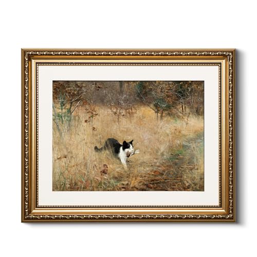 HUARCEY Cute Black Cat Catching Sparrow Artwork, Vintage Landscape Cat Hunting 13''x16'' Gold Framed Wall Art Canvas Print, Farmhouse Autumn Painting Pet Lover Gift Bedroom Nursery Wall Decor - color: Cat Catching Sparrow, size: 16"L x 13"W