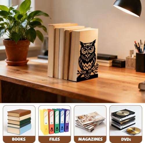 Peacoblue Metal Bookends for Shelves, Modern Decorative Heavy Duty Study Book Ends Stoppers for Office, Desk, Shelf, Room 5.3"x4.3"x7.9" Cast Iron Simple Tall Bookends 1 Pair (Owl on Tree Branch) - style: Owl on Tree Branch