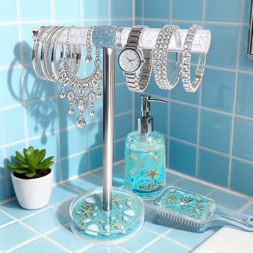 FONMY Jewelry Organizer Countertop Acrylic w/Nature Seashell Handmade,Seascape Standing Jewelry Holder W/Blue crystal for Bedroom Bathroom w/Weighted Base,Unique Gifts