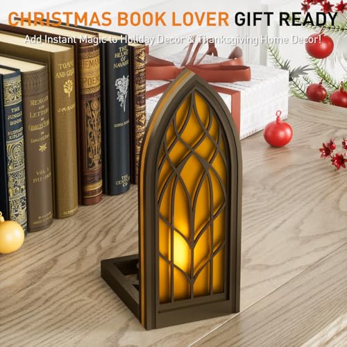 Solid Wood Fantasy Book Nook Shelf Insert - Handcrafted Bookends with Remote Control & Timer, Magical Moroccan Bookshelf Decor Night Light, Unique Gifts for Book Lovers Readers