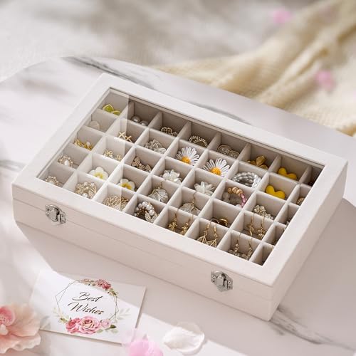 48 Grid Earring Organizer and Storage: Velvet Jewelry Tray with Lid, Jewelry Box for Studs, Earrings, Rings, Necklaces, Dresser & Vanity, Earrings Case for Girls, Women, 13"x8.6"x2.4", Beige - color: Beige